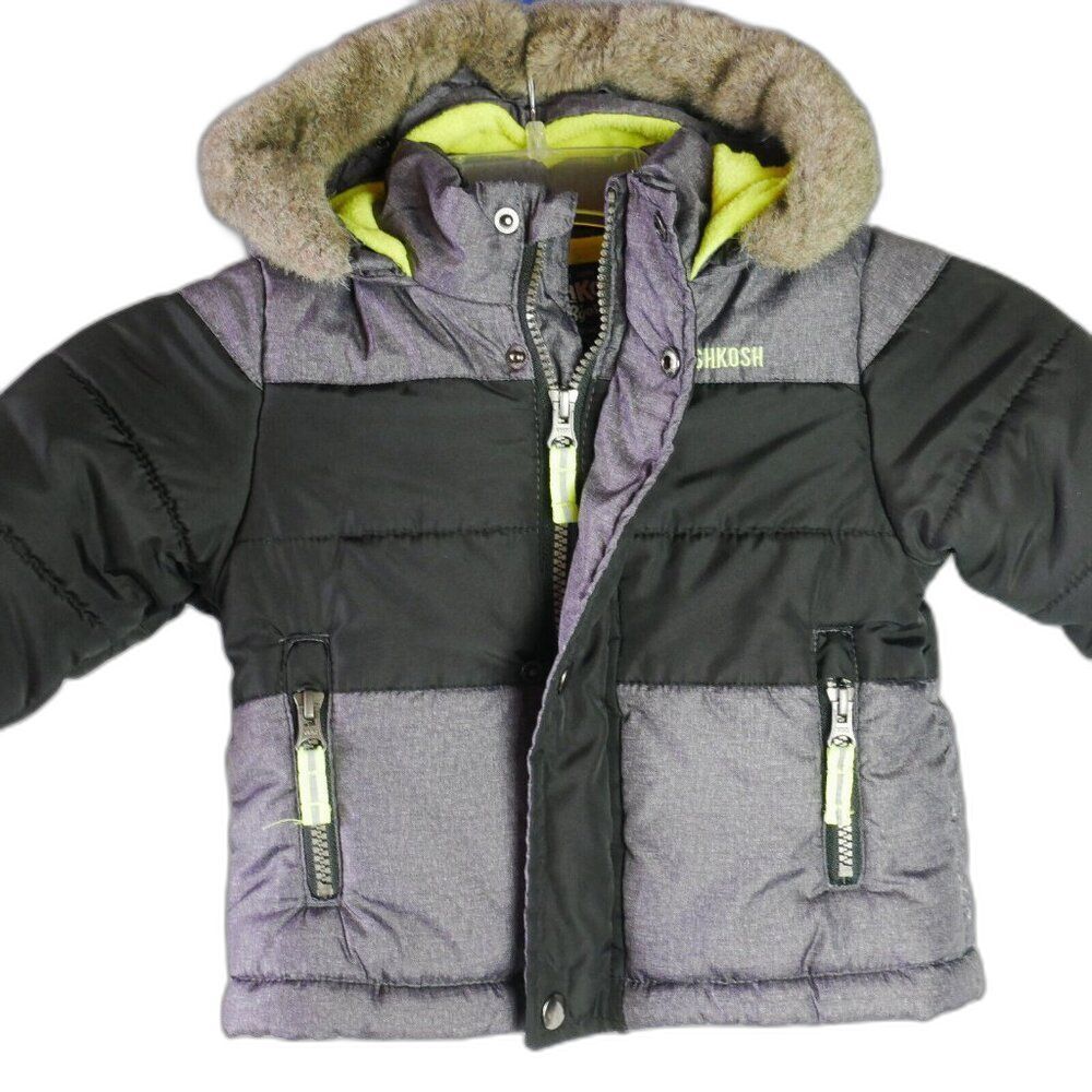 OshKosh B'gosh Toddler Size 18M Quilted Gray Black Jacket w Hood Full Zip